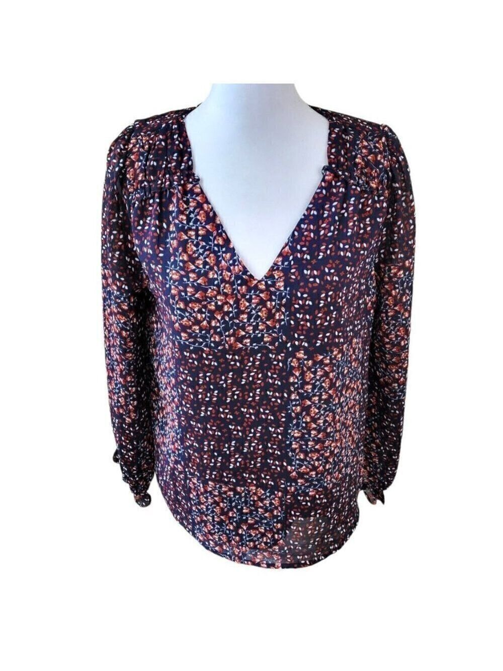 Skies Are Blue Navy Floral Blouse V-Neck Long Sleeve Top Women's Size XS